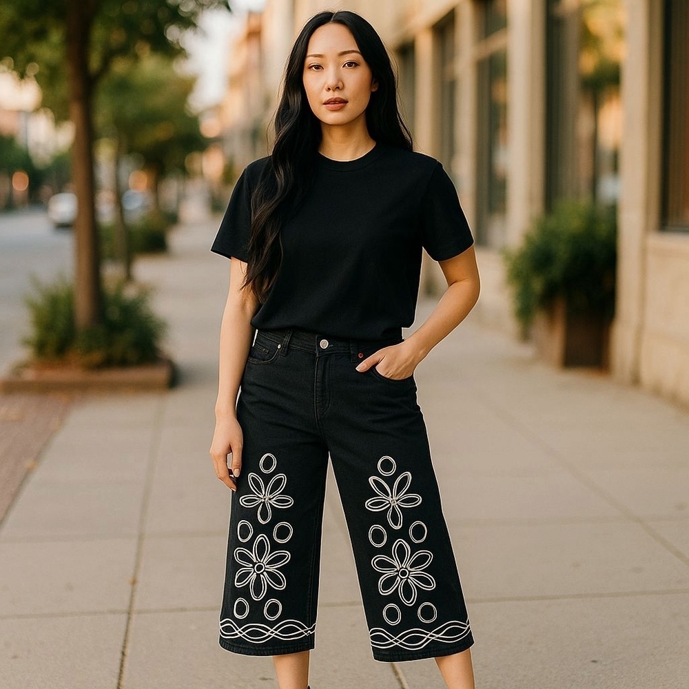 Very Vera Black‎ Embroidered Cropped Pants Size 10